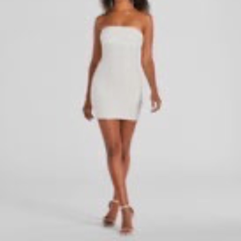 Lena White Strapless Bodycon Beaded Mesh Mini Dress